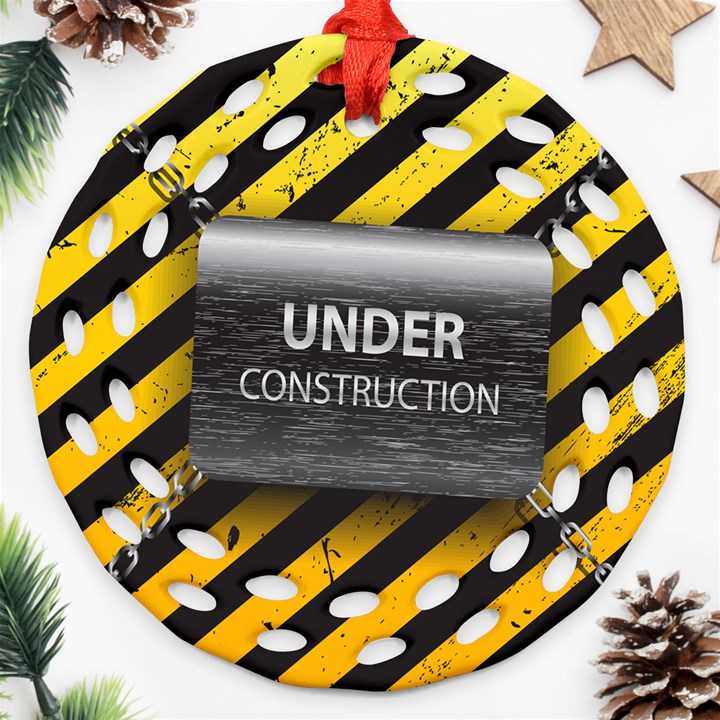 Under Construction Sign Iron Line Black Yellow Cross Ornament (Round Filigree)