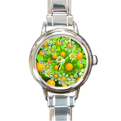 Sunflower Flower Floral Green Yellow Round Italian Charm Watch