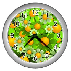 Sunflower Flower Floral Green Yellow Wall Clocks (silver) 