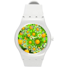 Sunflower Flower Floral Green Yellow Round Plastic Sport Watch (m) by Mariart