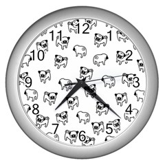 Pug Dog Pattern Wall Clocks (silver)  by Valentinaart