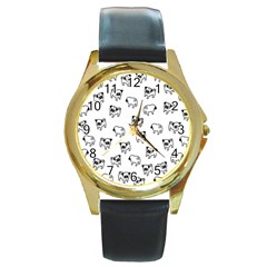 Pug Dog Pattern Round Gold Metal Watch by Valentinaart