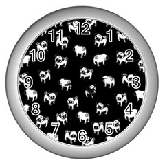 Pug Dog Pattern Wall Clocks (silver)  by Valentinaart