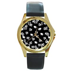 Pug Dog Pattern Round Gold Metal Watch by Valentinaart