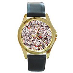 Colorful Abstract Floral Background Round Gold Metal Watch by TastefulDesigns