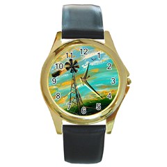 Rain And Sundown Round Leather Watch (gold Rim)  by stevendix