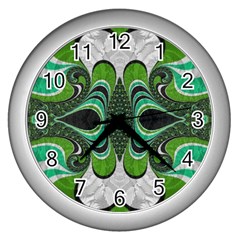 Fractal Art Green Pattern Design Wall Clocks (Silver) 