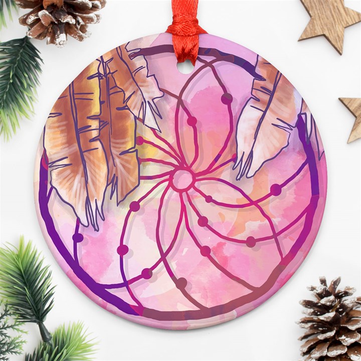 Watercolor cute dreamcatcher with feathers background Ornament (Round)