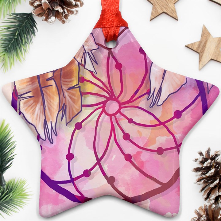 Watercolor cute dreamcatcher with feathers background Ornament (Star)