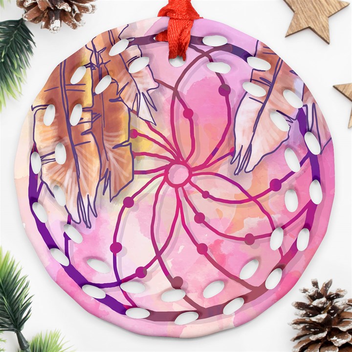 Watercolor cute dreamcatcher with feathers background Ornament (Round Filigree)