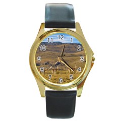 Group Of Vicunas At Patagonian Landscape, Argentina Round Gold Metal Watch by dflcprints