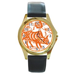 Chinese Zodiac Cow Star Orange Round Gold Metal Watch