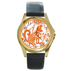 Chinese Zodiac Dog Star Orange Round Gold Metal Watch