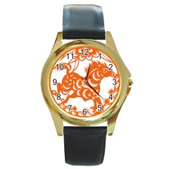 Chinese Zodiac Horoscope Horse Zhorse Star Orangeicon Round Gold Metal Watch by Mariart