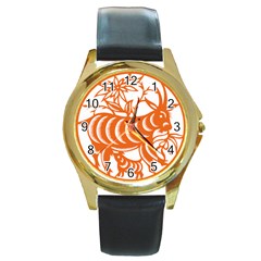 Chinese Zodiac Goat Star Orange Round Gold Metal Watch