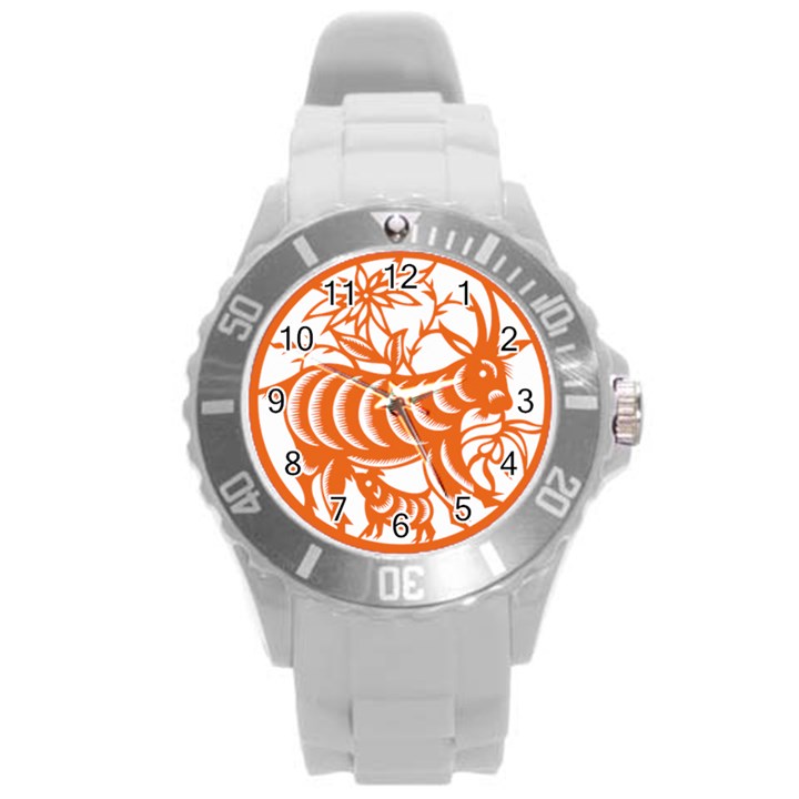 Chinese Zodiac Goat Star Orange Round Plastic Sport Watch (L)