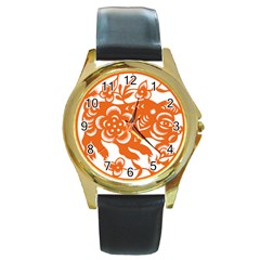 Chinese Zodiac Horoscope Pig Star Orange Round Gold Metal Watch