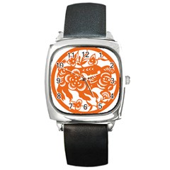 Chinese Zodiac Horoscope Pig Star Orange Square Metal Watch by Mariart