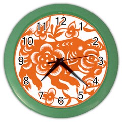 Chinese Zodiac Horoscope Pig Star Orange Color Wall Clocks by Mariart