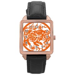 Chinese Zodiac Horoscope Pig Star Orange Rose Gold Leather Watch  by Mariart