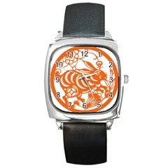 Chinese Zodiac Horoscope Rabbit Star Orange Square Metal Watch by Mariart