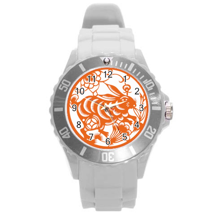 Chinese Zodiac Horoscope Rabbit Star Orange Round Plastic Sport Watch (L)