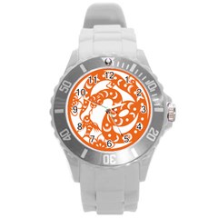 Chinese Zodiac Horoscope Snake Star Orange Round Plastic Sport Watch (L)