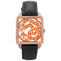 Chinese Zodiac Horoscope Snake Star Orange Rose Gold Leather Watch  by Mariart