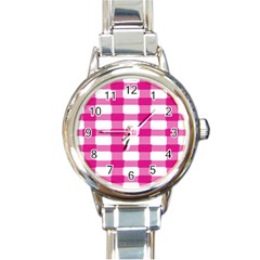 Hot Pink Brush Stroke Plaid Tech White Round Italian Charm Watch by Mariart