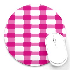 Hot Pink Brush Stroke Plaid Tech White Round Mousepads