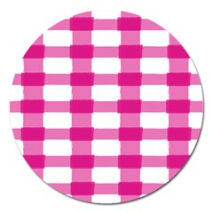 Hot Pink Brush Stroke Plaid Tech White Magnet 5  (round)