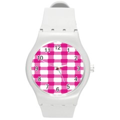 Hot Pink Brush Stroke Plaid Tech White Round Plastic Sport Watch (m) by Mariart