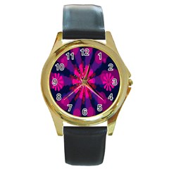 Flower Red Pink Purple Star Sunflower Round Gold Metal Watch by Mariart