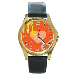 Illustrated Zodiac Love Heart Orange Yellow Blue Round Gold Metal Watch