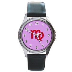 Illustrated Zodiac Purple Red Star Polka Round Metal Watch by Mariart