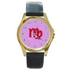 Illustrated Zodiac Purple Red Star Polka Round Gold Metal Watch