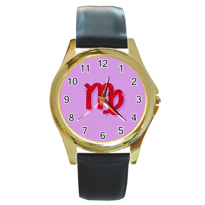 Illustrated Zodiac Purple Red Star Polka Round Gold Metal Watch