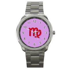 Illustrated Zodiac Purple Red Star Polka Sport Metal Watch by Mariart