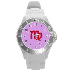 Illustrated Zodiac Purple Red Star Polka Round Plastic Sport Watch (l) by Mariart