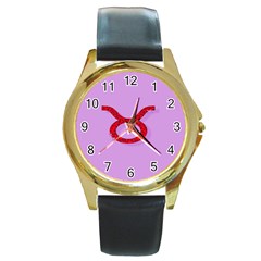 Illustrated Zodiac Purple Red Star Polka Circle Round Gold Metal Watch by Mariart