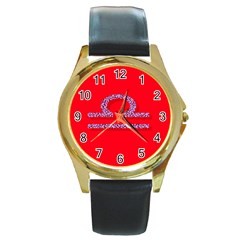 Illustrated Zodiac Red Purple Star Polka Round Gold Metal Watch by Mariart