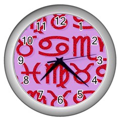 Illustrated Zodiac Red Purple Star Wall Clocks (silver) 