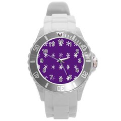 Purple Flower Floral Star White Round Plastic Sport Watch (L)