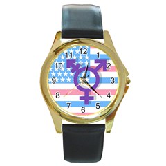 Transgender Flag Round Gold Metal Watch by Valentinaart