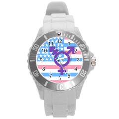 Transgender Flag Round Plastic Sport Watch (l) by Valentinaart