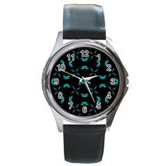 Background Black Blue Polkadot Round Metal Watch