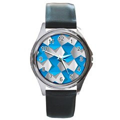 Blue White Grey Chevron Round Metal Watch