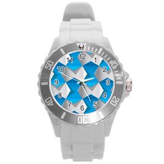 Blue White Grey Chevron Round Plastic Sport Watch (L)