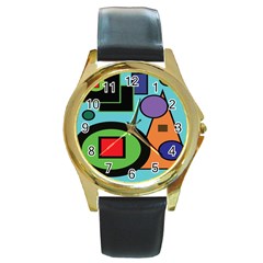 Basic Shape Circle Triangle Plaid Black Green Brown Blue Purple Round Gold Metal Watch by Mariart