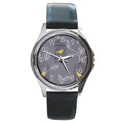 Cagr Bird Leaf Grey Yellow Round Metal Watch by Mariart